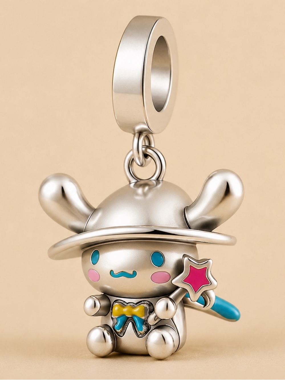 Silver Cute Bunny Charm with Pink Star and Blue Accents